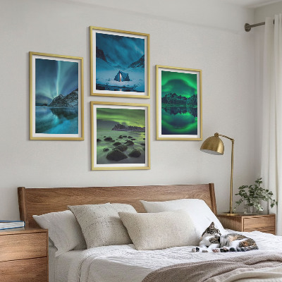 Conjunto de 4 quadros com moldura Paisagem de inverno com aurora boreal