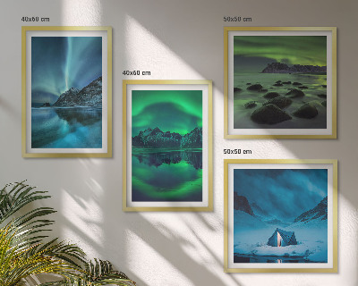 Conjunto de 4 quadros com moldura Paisagem de inverno com aurora boreal