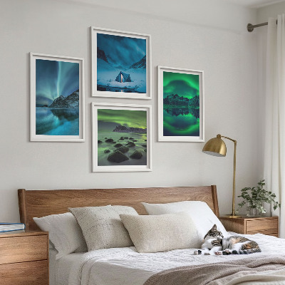 Conjunto de 4 quadros com moldura Paisagem de inverno com aurora boreal