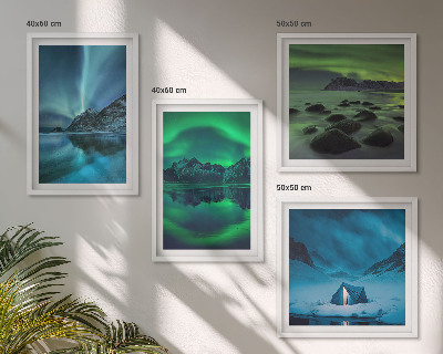 Conjunto de 4 quadros com moldura Paisagem de inverno com aurora boreal
