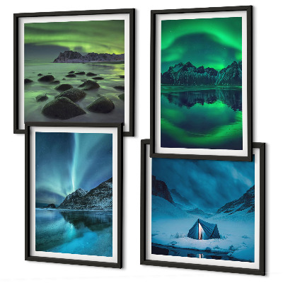 Conjunto de 4 quadros com moldura Paisagem de inverno com aurora boreal