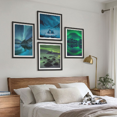 Conjunto de 4 quadros com moldura Paisagem de inverno com aurora boreal