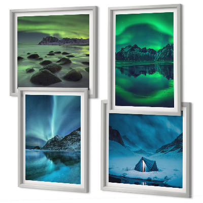 Conjunto de 4 quadros com moldura Paisagem de inverno com aurora boreal