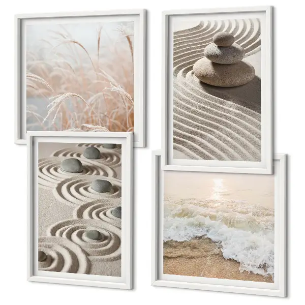 Composição de quadros com paisagem de ondas, areia, água, pedras e praia