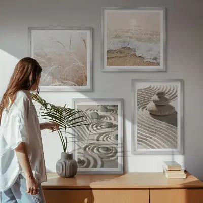 Composição de quadros com paisagem de ondas, areia, água, pedras e praia