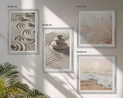 Composição de quadros com paisagem de ondas, areia, água, pedras e praia