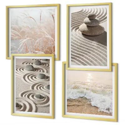 Composição de quadros com paisagem de ondas, areia, água, pedras e praia