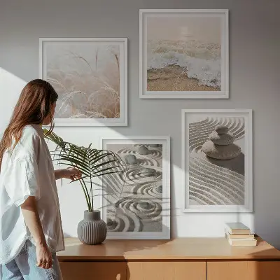 Composição de quadros com paisagem de ondas, areia, água, pedras e praia