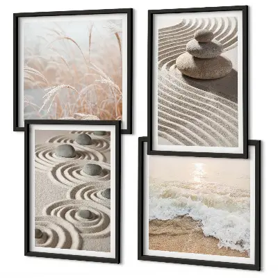 Composição de quadros com paisagem de ondas, areia, água, pedras e praia