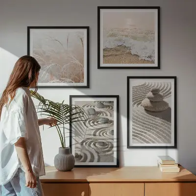 Composição de quadros com paisagem de ondas, areia, água, pedras e praia