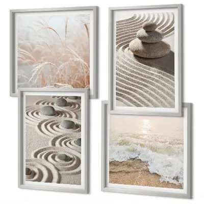 Composição de quadros com paisagem de ondas, areia, água, pedras e praia