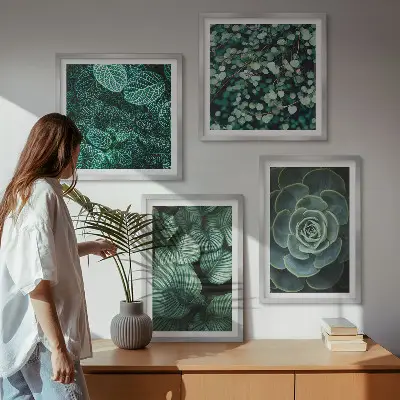 Conjunto de 4 quadros com moldura estampa de folhas suculentas verdes