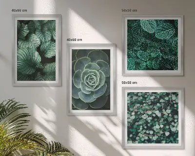 Conjunto de 4 quadros com moldura estampa de folhas suculentas verdes