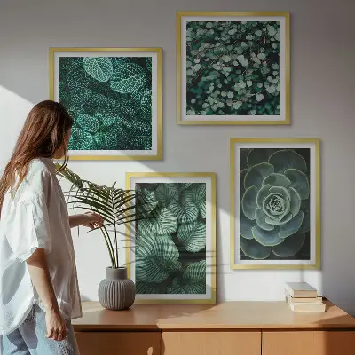 Conjunto de 4 quadros com moldura estampa de folhas suculentas verdes