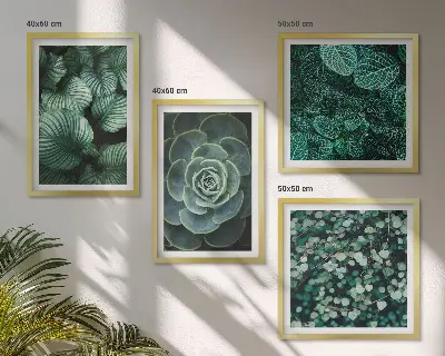 Conjunto de 4 quadros com moldura estampa de folhas suculentas verdes