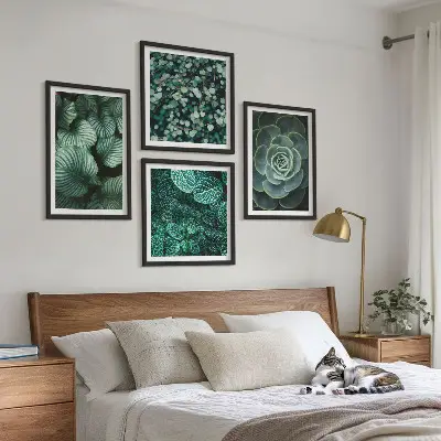 Conjunto de 4 quadros com moldura estampa de folhas suculentas verdes