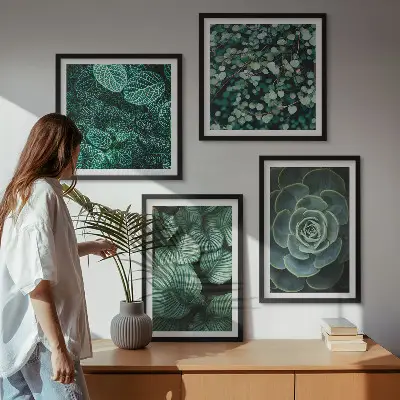 Conjunto de 4 quadros com moldura estampa de folhas suculentas verdes