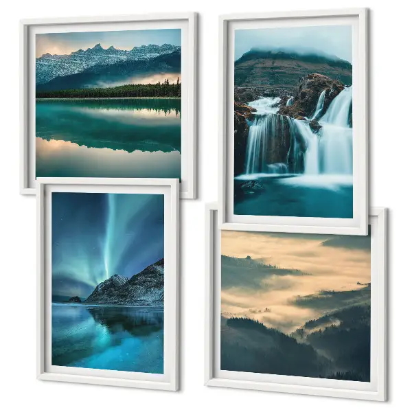 Conjunto de 4 quadros com moldura com paisagens de inverno, cachoeiras e aurora boreal