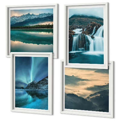 Conjunto de 4 quadros com moldura Paisagens de inverno, cachoeiras, aurora boreal