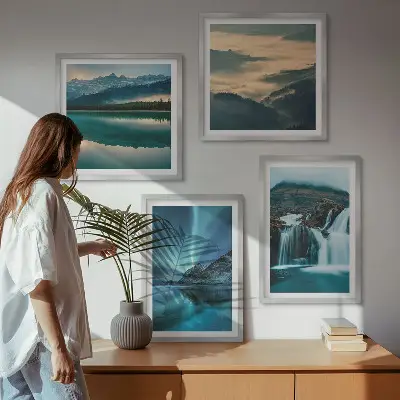 Conjunto de 4 quadros com moldura com paisagens de inverno, cachoeiras e aurora boreal