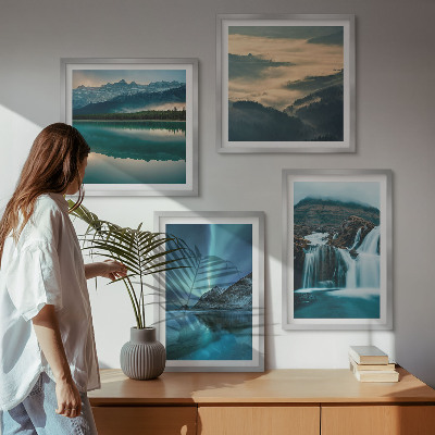 Conjunto de 4 quadros com moldura Paisagens de inverno, cachoeiras, aurora boreal