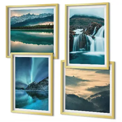 Conjunto de 4 quadros com moldura com paisagens de inverno, cachoeiras e aurora boreal
