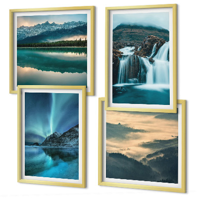 Conjunto de 4 quadros com moldura Paisagens de inverno, cachoeiras, aurora boreal