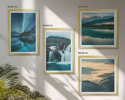 Conjunto de 4 quadros com moldura com paisagens de inverno, cachoeiras e aurora boreal