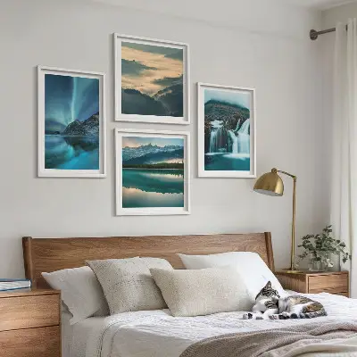 Conjunto de 4 quadros com moldura com paisagens de inverno, cachoeiras e aurora boreal