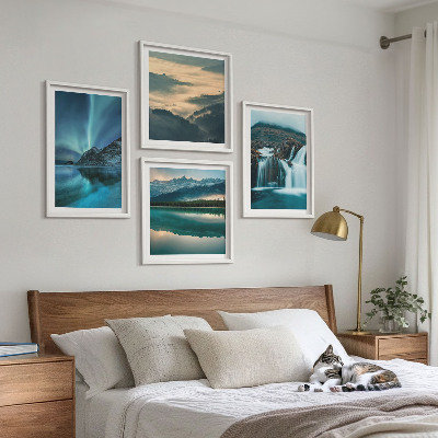 Conjunto de 4 quadros com moldura Paisagens de inverno, cachoeiras, aurora boreal