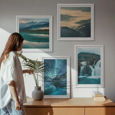 Conjunto de 4 quadros com moldura com paisagens de inverno, cachoeiras e aurora boreal