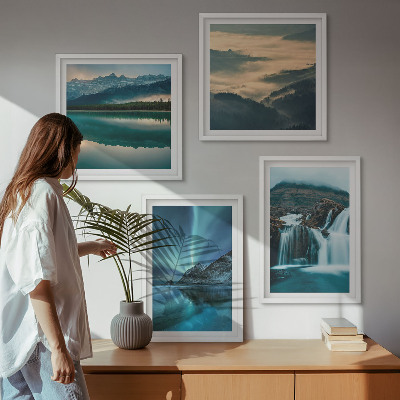 Conjunto de 4 quadros com moldura Paisagens de inverno, cachoeiras, aurora boreal