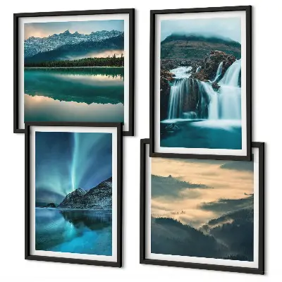 Conjunto de 4 quadros com moldura com paisagens de inverno, cachoeiras e aurora boreal
