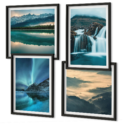 Conjunto de 4 quadros com moldura Paisagens de inverno, cachoeiras, aurora boreal