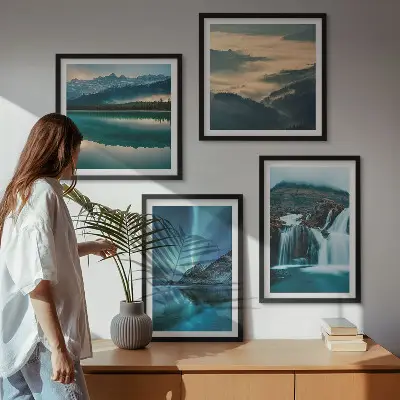Conjunto de 4 quadros com moldura com paisagens de inverno, cachoeiras e aurora boreal