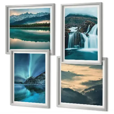 Conjunto de 4 quadros com moldura com paisagens de inverno, cachoeiras e aurora boreal