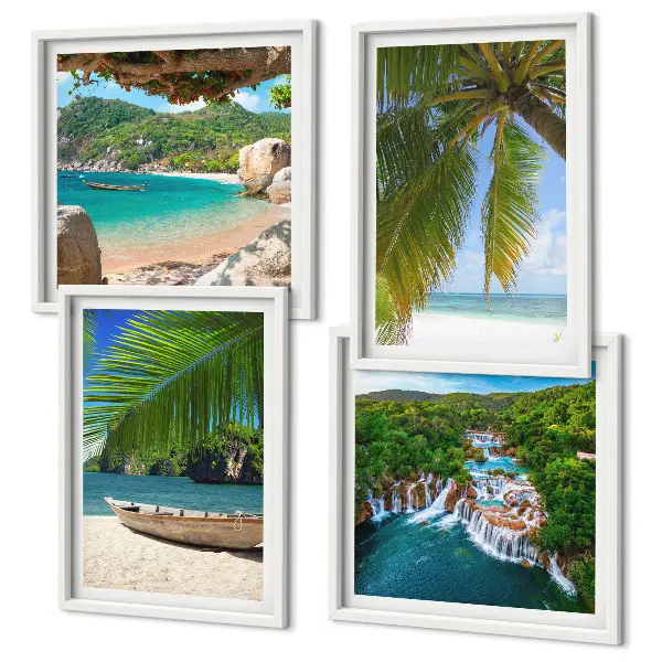 Políptico com moldura com imagens de praia, barco, cachoeiras e palmeiras