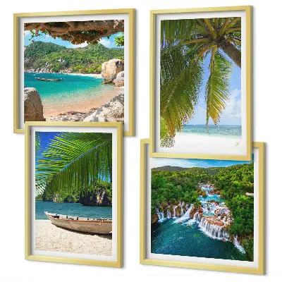 Políptico com moldura com imagens de praia, barco, cachoeiras e palmeiras