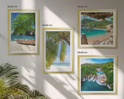 Políptico com moldura com imagens de praia, barco, cachoeiras e palmeiras