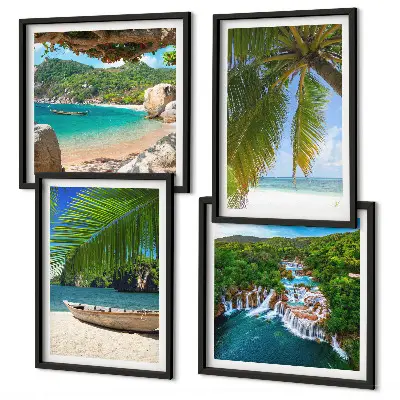 Políptico com moldura com imagens de praia, barco, cachoeiras e palmeiras