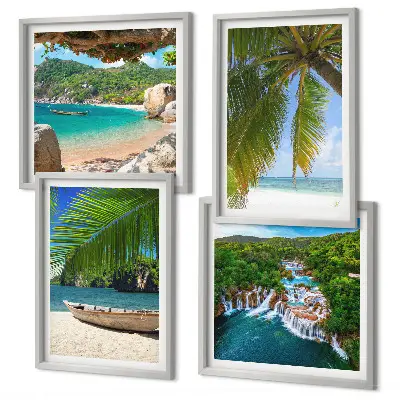 Políptico com moldura com imagens de praia, barco, cachoeiras e palmeiras