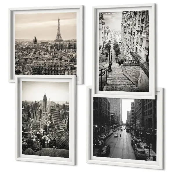 Composição de quadros vistas de Paris e Nova York com escadas
