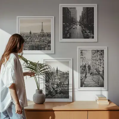 Composição de quadros vistas de Paris e Nova York com escadas