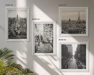 Composição de quadros vistas de Paris e Nova York com escadas