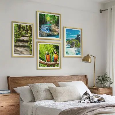 Conjunto de 4 quadros com moldura retratando cachoeira de papagaios na floresta tropical