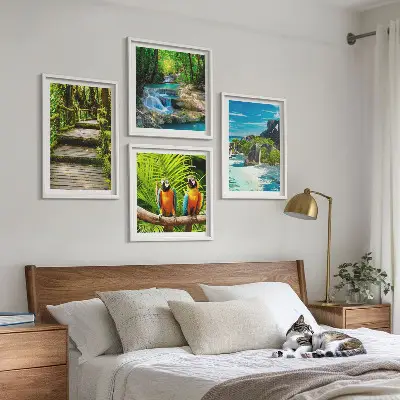 Conjunto de 4 quadros com moldura retratando cachoeira de papagaios na floresta tropical