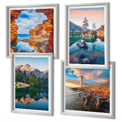 Políptico com moldura reflexo das rochas nos lagos de montanha