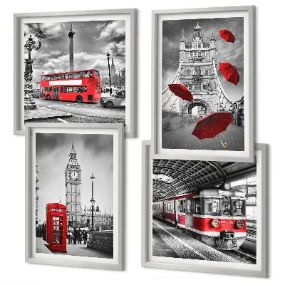 Composição de quadros com detalhes em vermelho em Londres