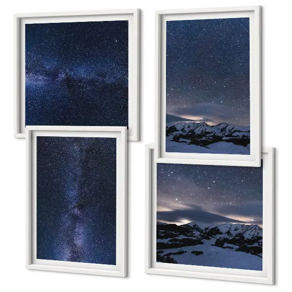 Conjunto de 4 quadros com moldura com estampa de céu noturno, montanhas e estrelas