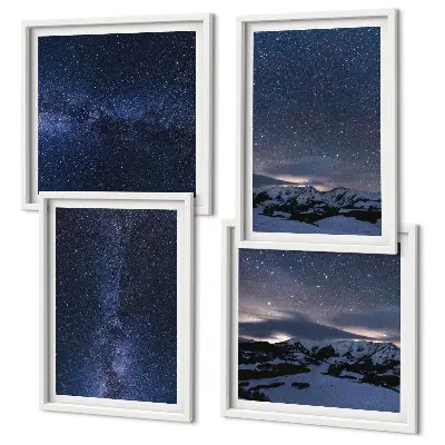 Conjunto de 4 quadros com moldura com estampa de céu noturno, montanhas e estrelas